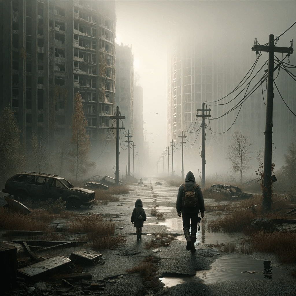 Scena apocalittica con padre e figlio