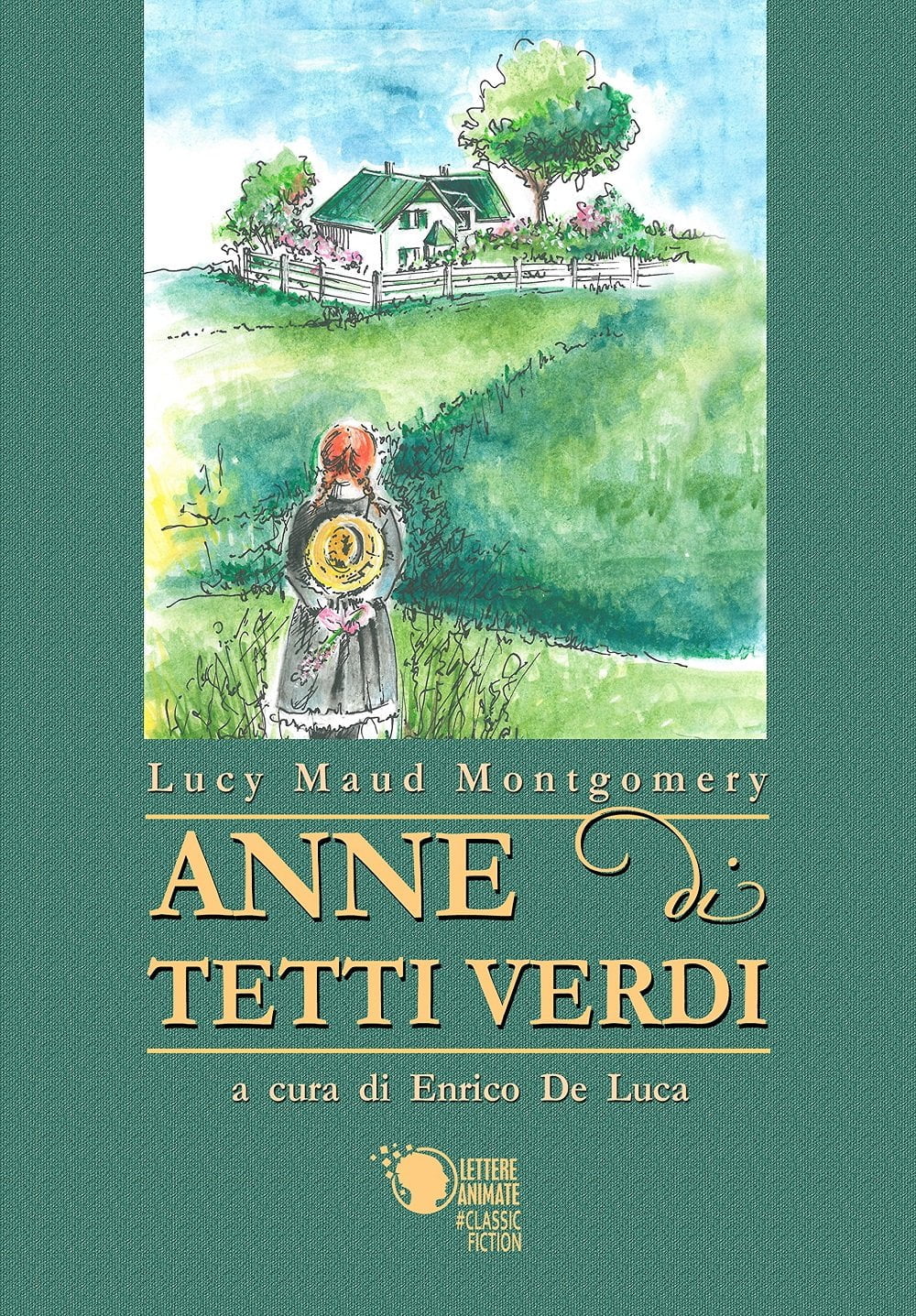 Copertina del libro 'Anne di Tetti Verdi' di Lucy Maud Montgomery, con illustrazione di una ragazza rossa in un paesaggio verde.