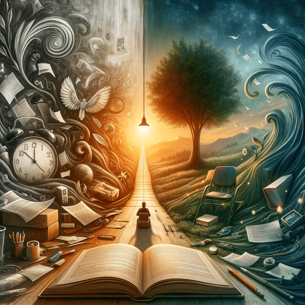 Disegno che rappresenta graficamente "la svolta". A sinistra il caso, in bianco e nero, a destra la pace, a colori. In mezzo io.